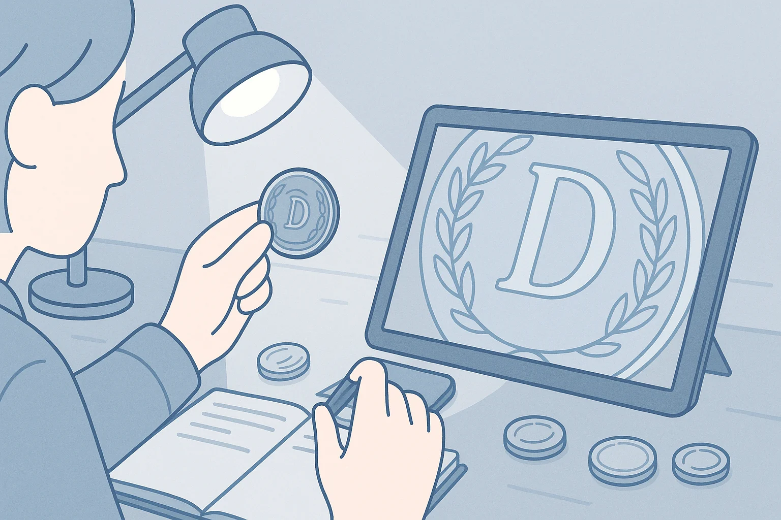 A person observes a coin manually while looking at the magnified image on the screen.