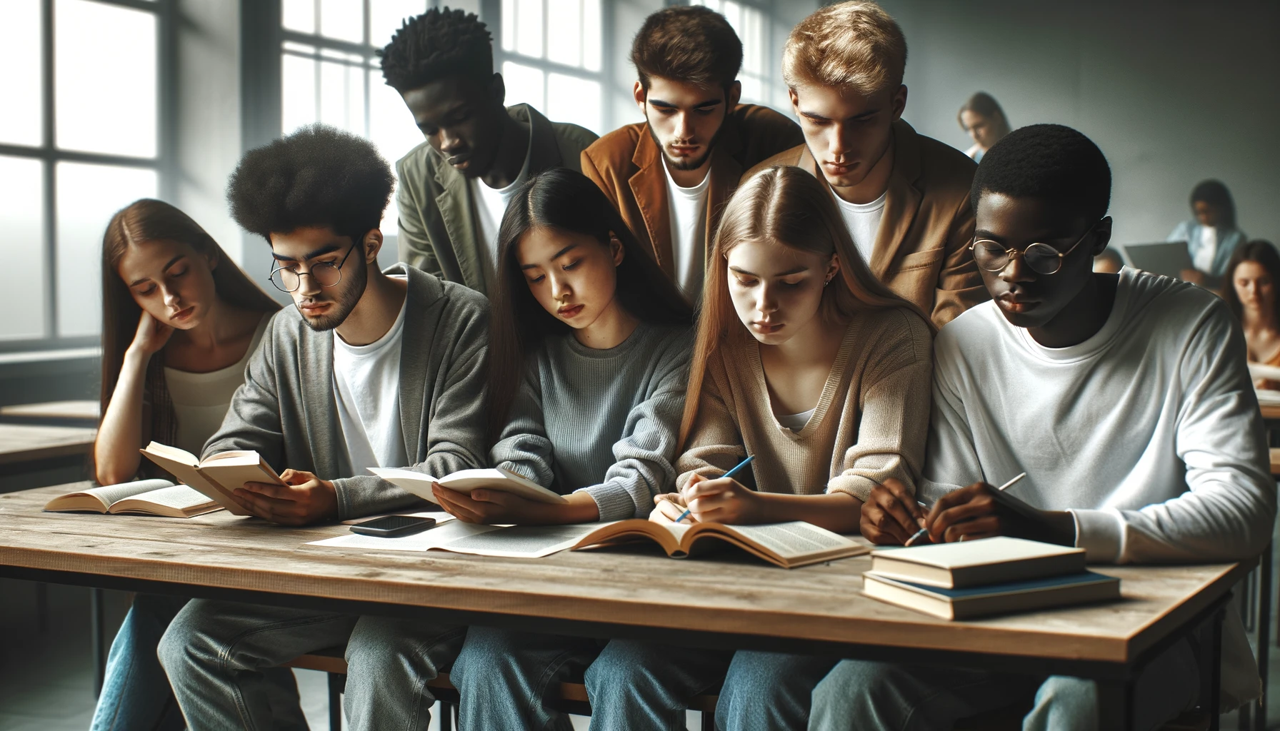 Students sit in the same classroom at the same table, learning foreign languages