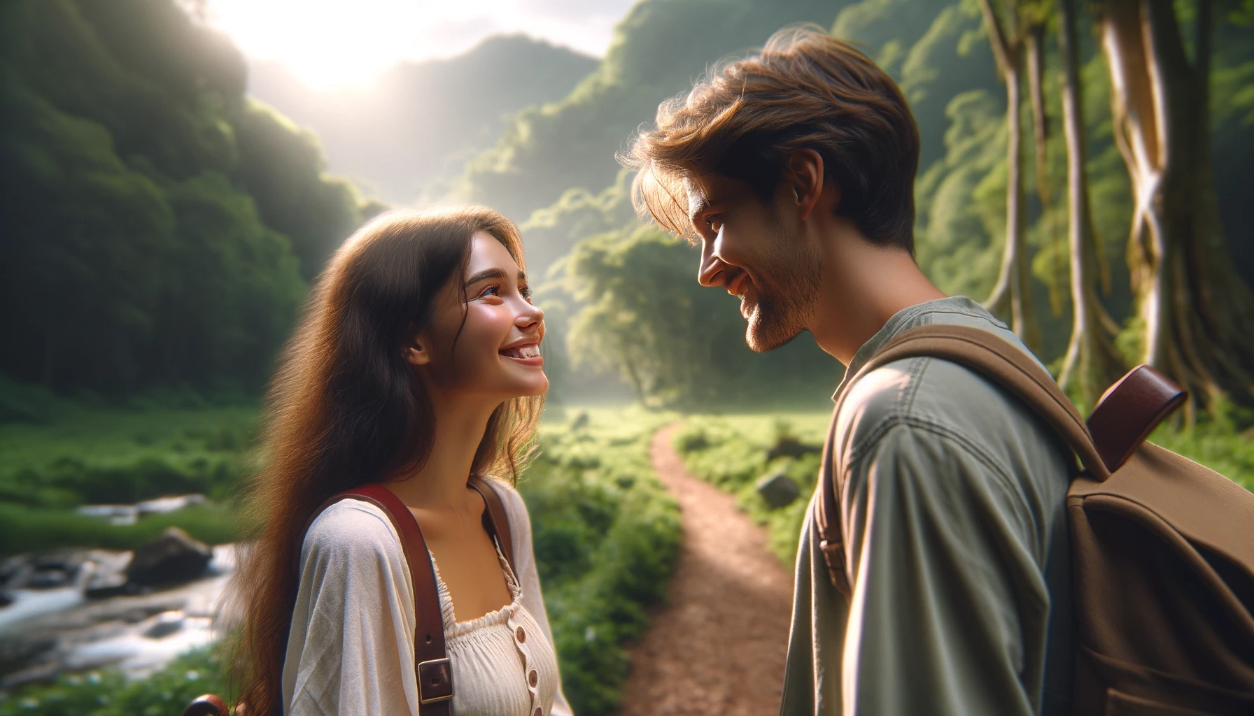 a guy and a girl standing face to face in a beautiful natural setting