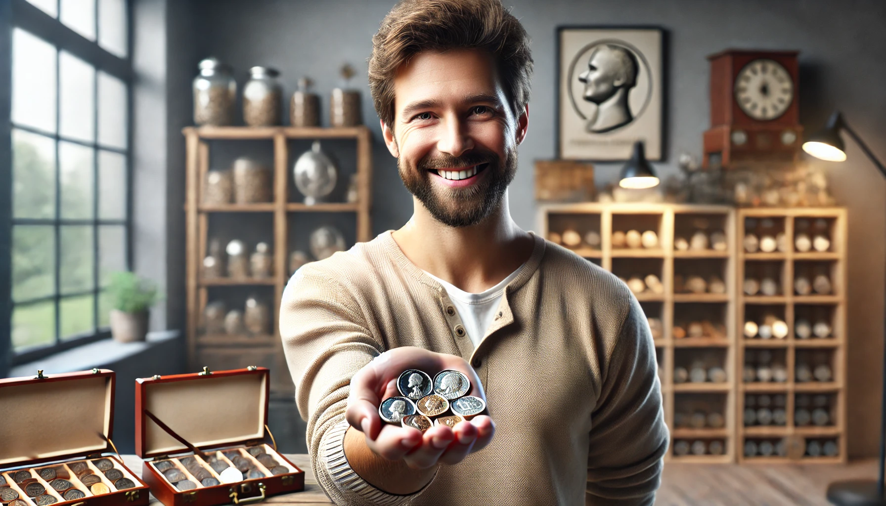A joyful novice coin collector holding his collectibles in the palm of his hand.