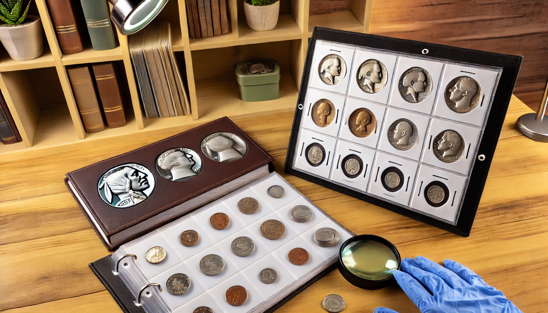 A beginner's coin collection displayed in special coin albums on a wooden table.