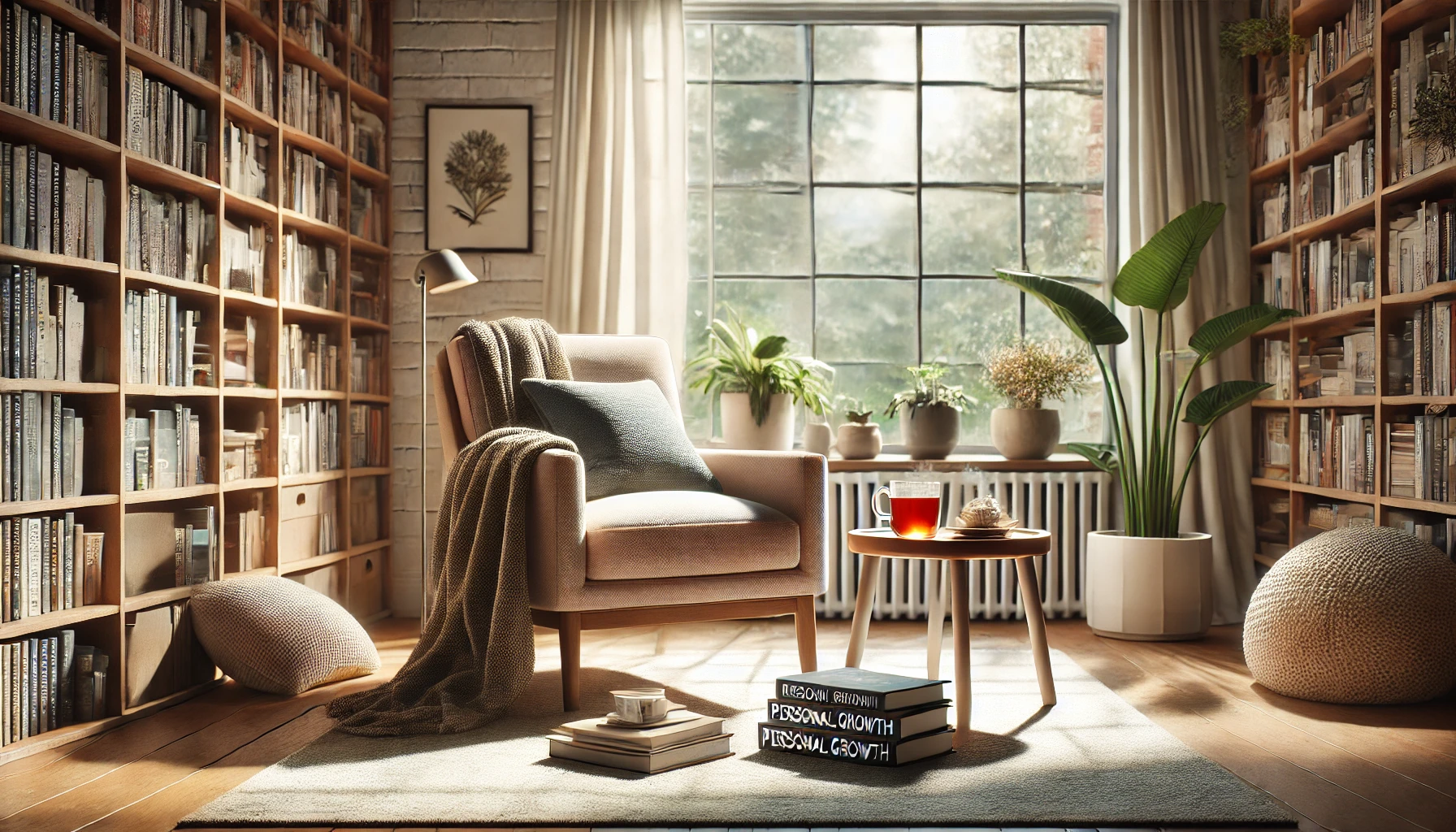 a cozy reading nook by a large window with natural light streaming in.