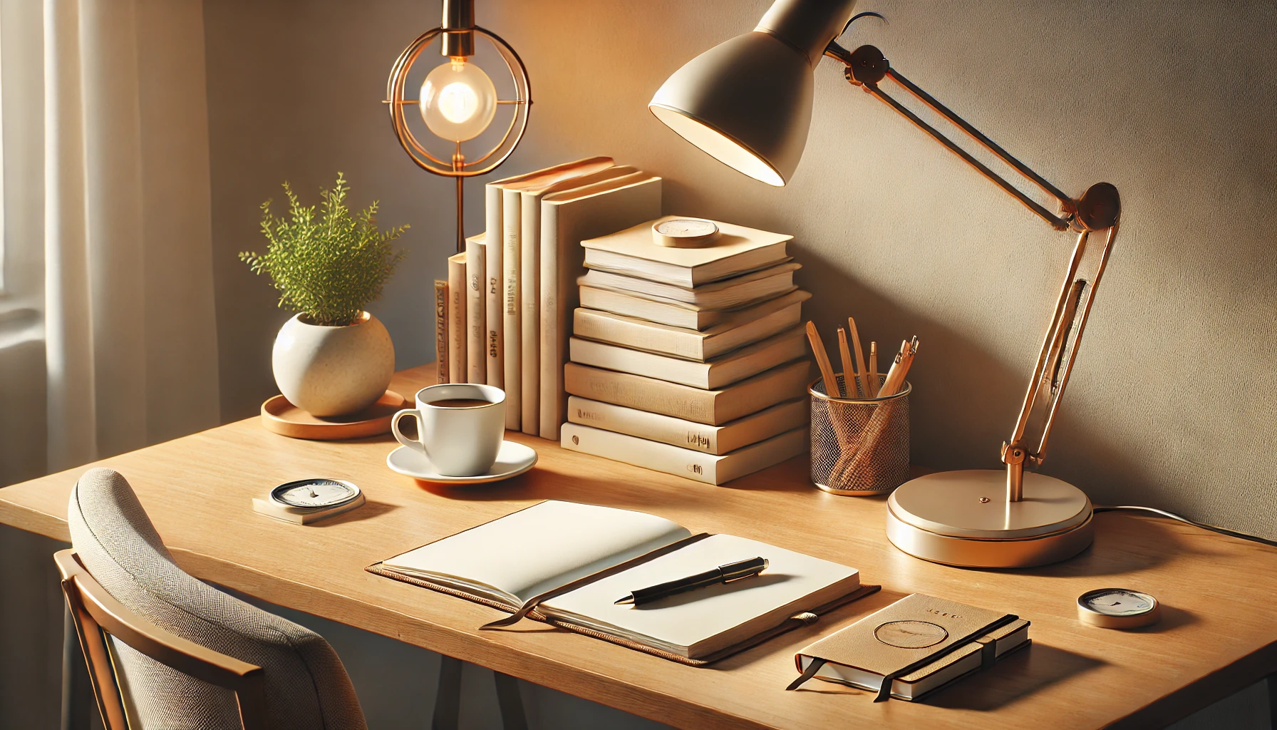 a modern desk setup designed for reading and self-reflection, with a stack of personal growth books, a journal, and a pen ready for notes.