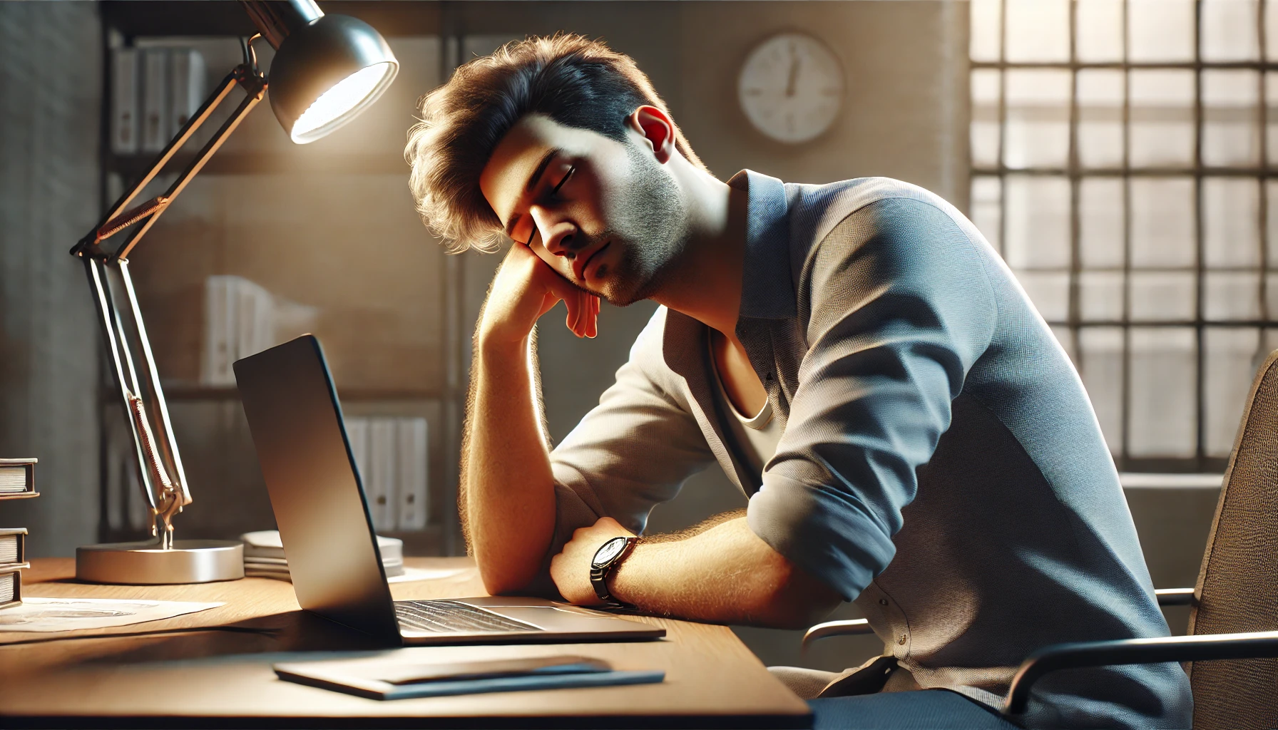 a tired man sitting in front of a laptop with his eyes closed. The man appears exhausted, leaning back slightly or resting his head on his hand as he sits at a desk. The setting is an indoor workspace with a desk, chair, and soft lighting.