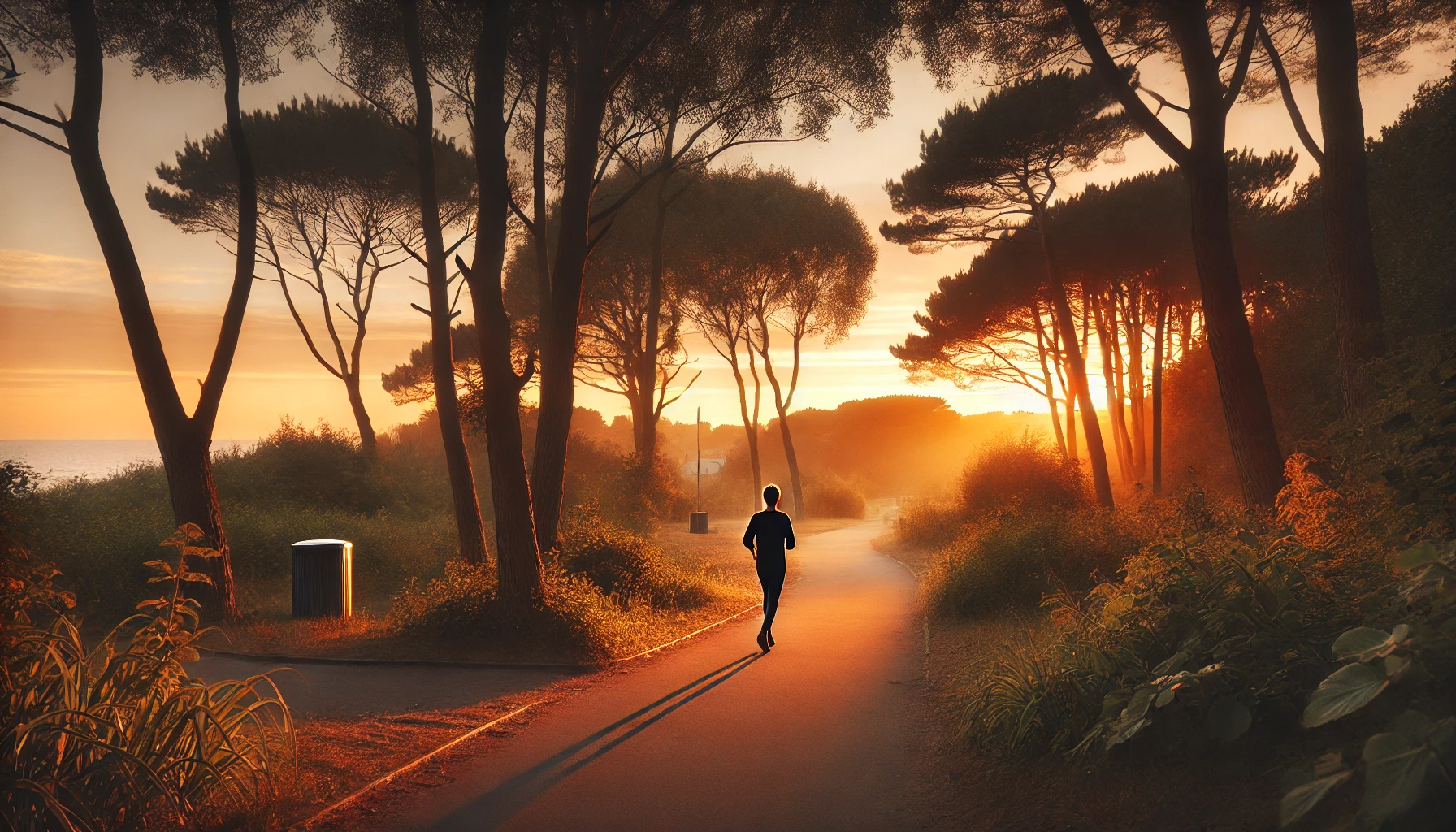 A calm and peaceful evening scene with a person taking a walk in a quiet park surrounded by trees.