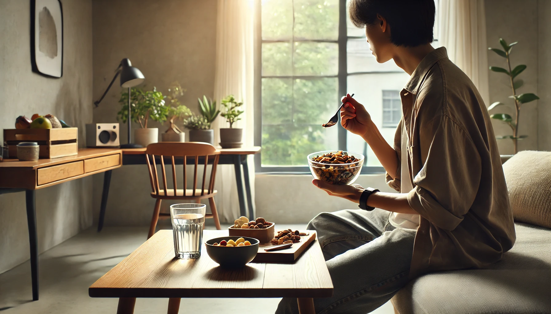 A calm and peaceful snacking scene with a person enjoying a healthy snack mindfully.