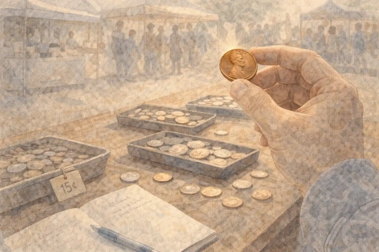 A collector picks up a 1941 penny from a tray in a flea market.