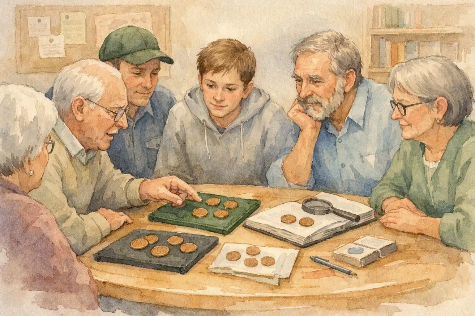 Coin club members discuss varieties of the 1941 wheat penny.