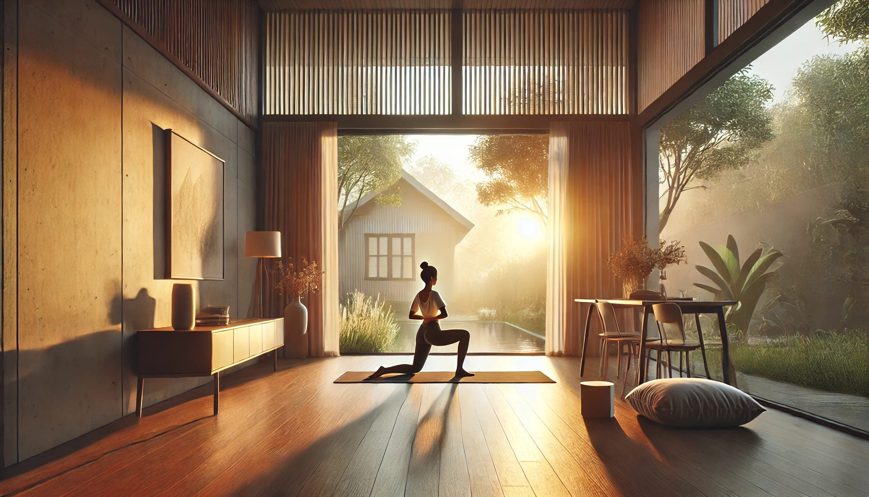 A serene morning scene depicting an individual practicing yoga during sunrise in a peaceful home environment, showcasing the concept of starting the day early to boost productivity