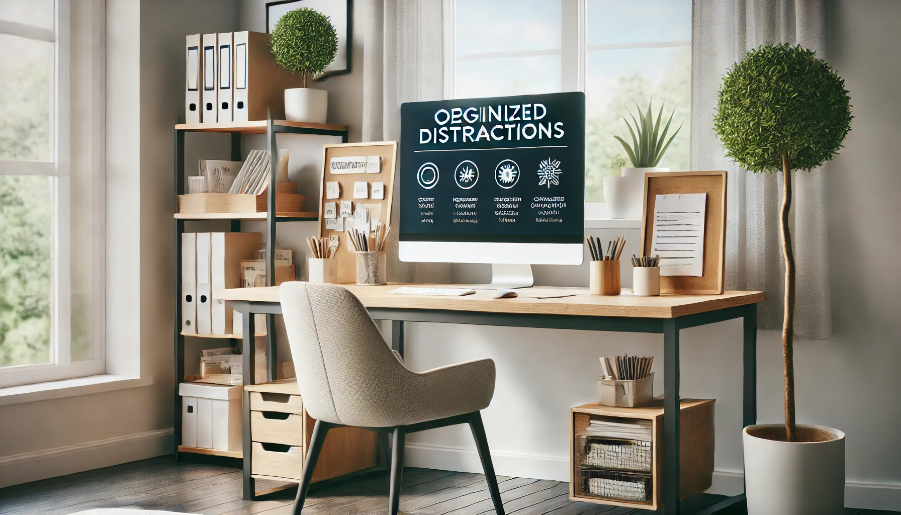 A modern, organized home office setup highlighting a designated work area free from distractions to boost productivity
