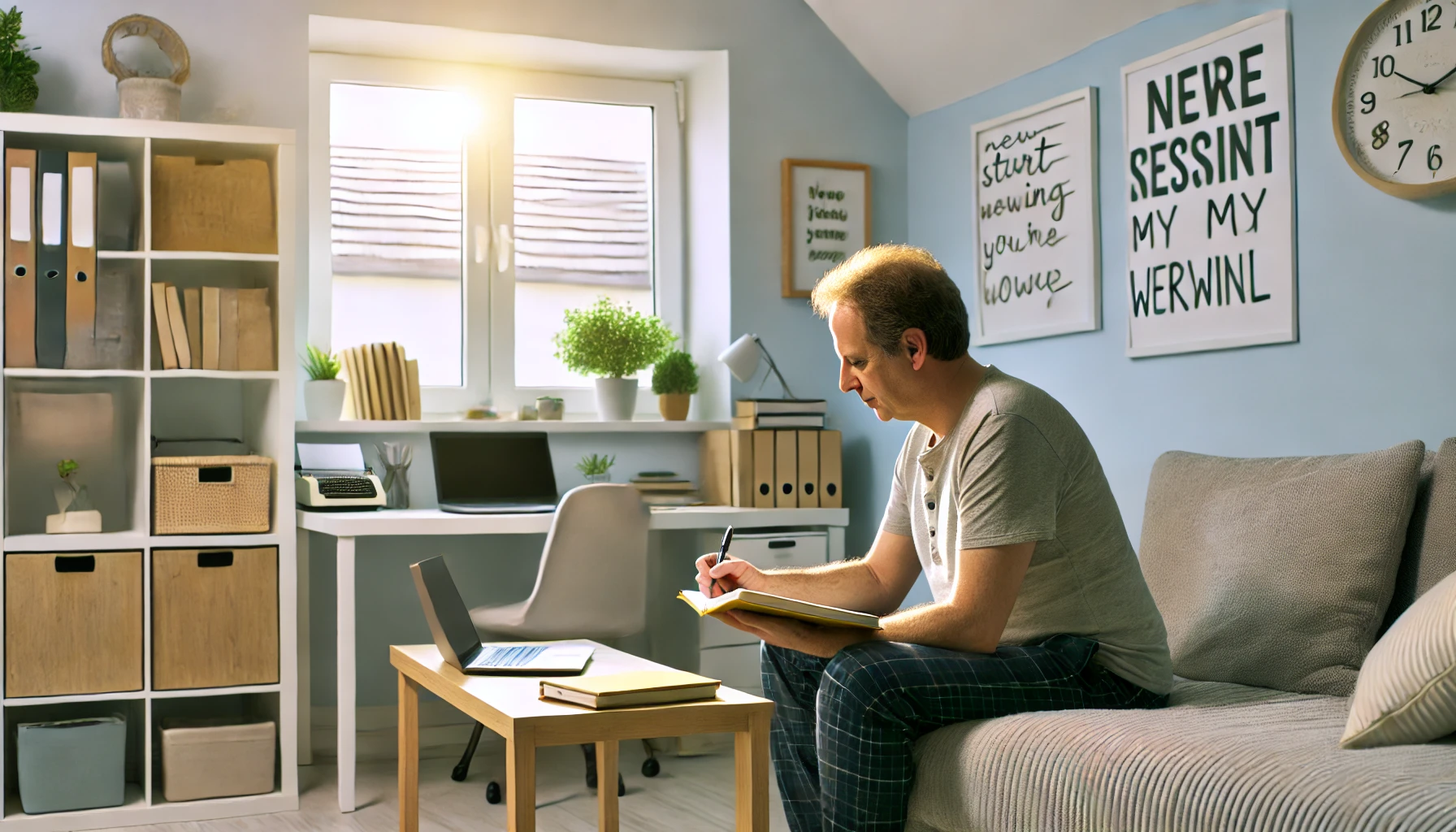 A person engaged in self-reflection in a serene home office environment, embodying the initial steps of introspection and planning.
