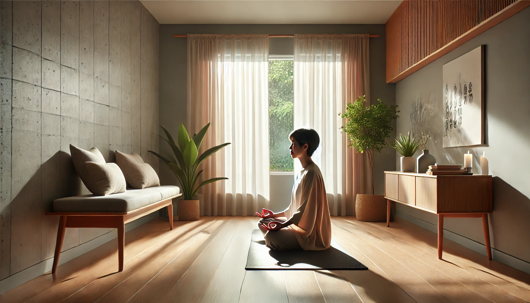The person, a middle-aged Asian woman, sits cross-legged on a yoga mat, her eyes closed in meditation, embodying tranquility and focus.
