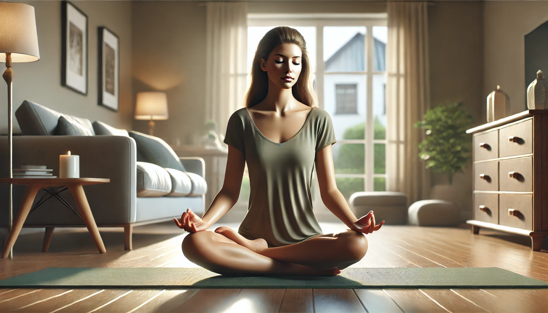 a woman meditating in a home setting. She is sitting cross-legged on a yoga mat with her eyes closed. The room is softly lit, with natural light coming through a nearby window.